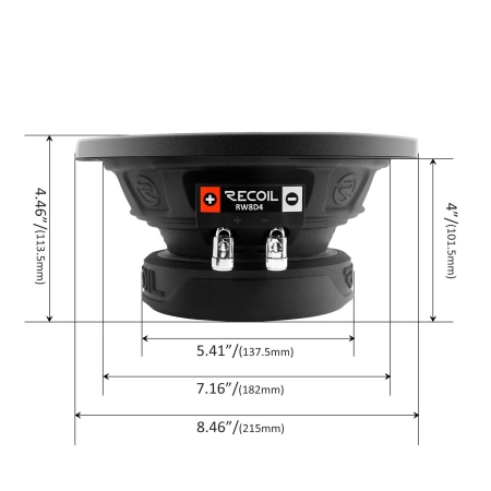 Profil boczny i wymiary montażowe głośnika Recoil RW8D4 – kompaktowy subwoofer do systemów SQ.